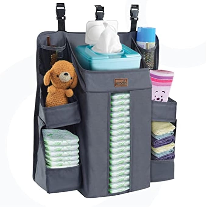 rayihni CRIB ORGANIZER AND BABY DIAPER CADDY PORTABLE HANGING MULTISTORAGE ORGANIZER FOR BABY ESSENTIALS - HANG ON CRIB, CHANGING TABLE OR WALL, EASY TO FOLD - DARK GREY